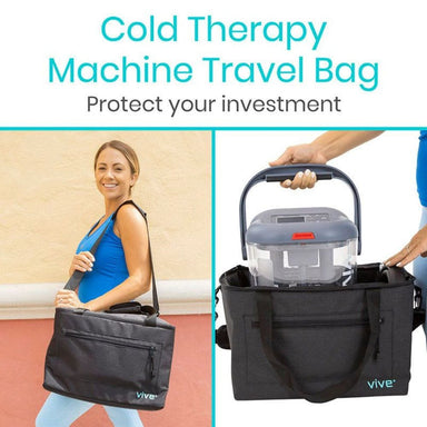 Cold therapy machine travel bag with a woman holding it and another person opening it.