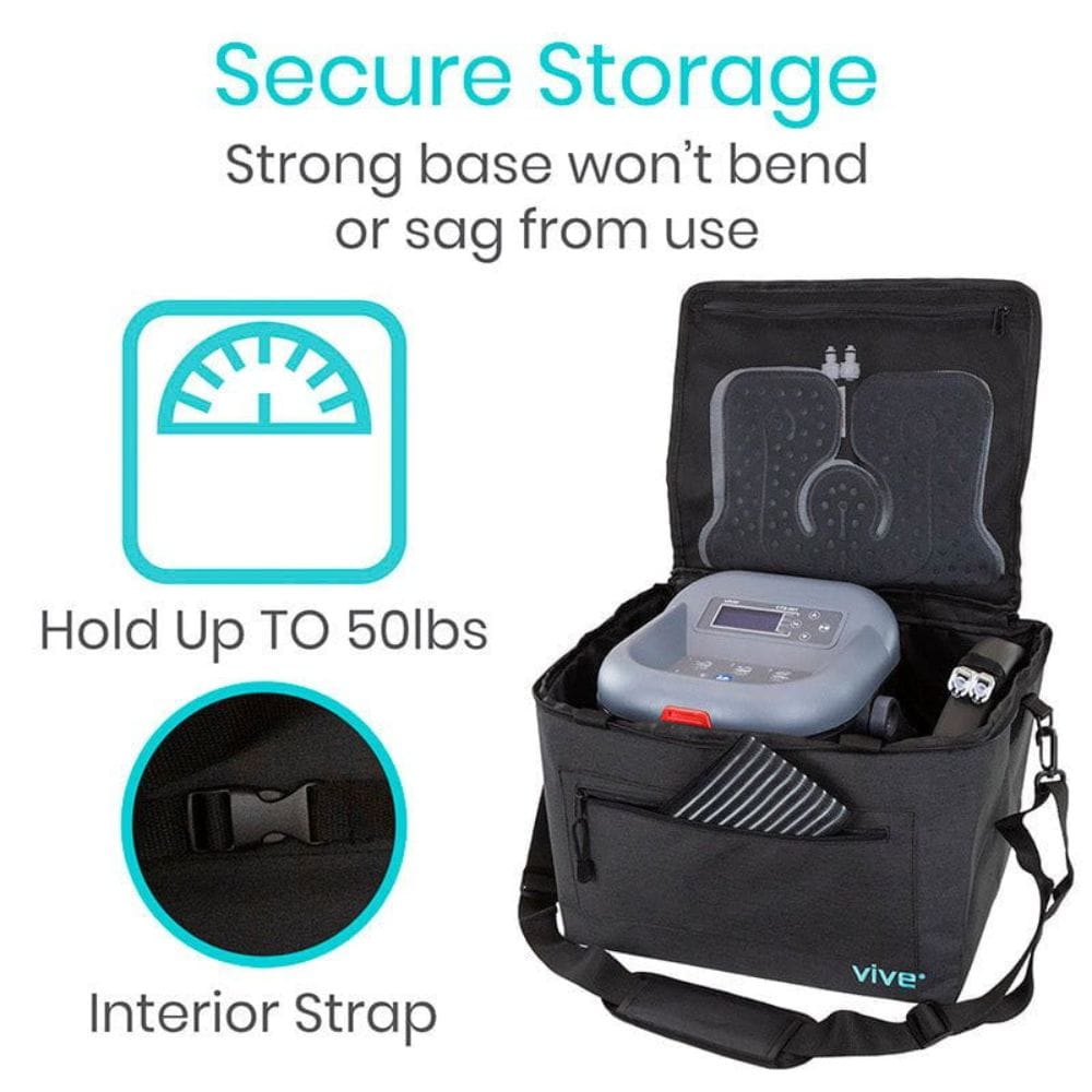 Black storage bag with a device inside, labeled 'Secure Storage' and 'Hold Up To 50lbs', featuring the brand 'Vive'.