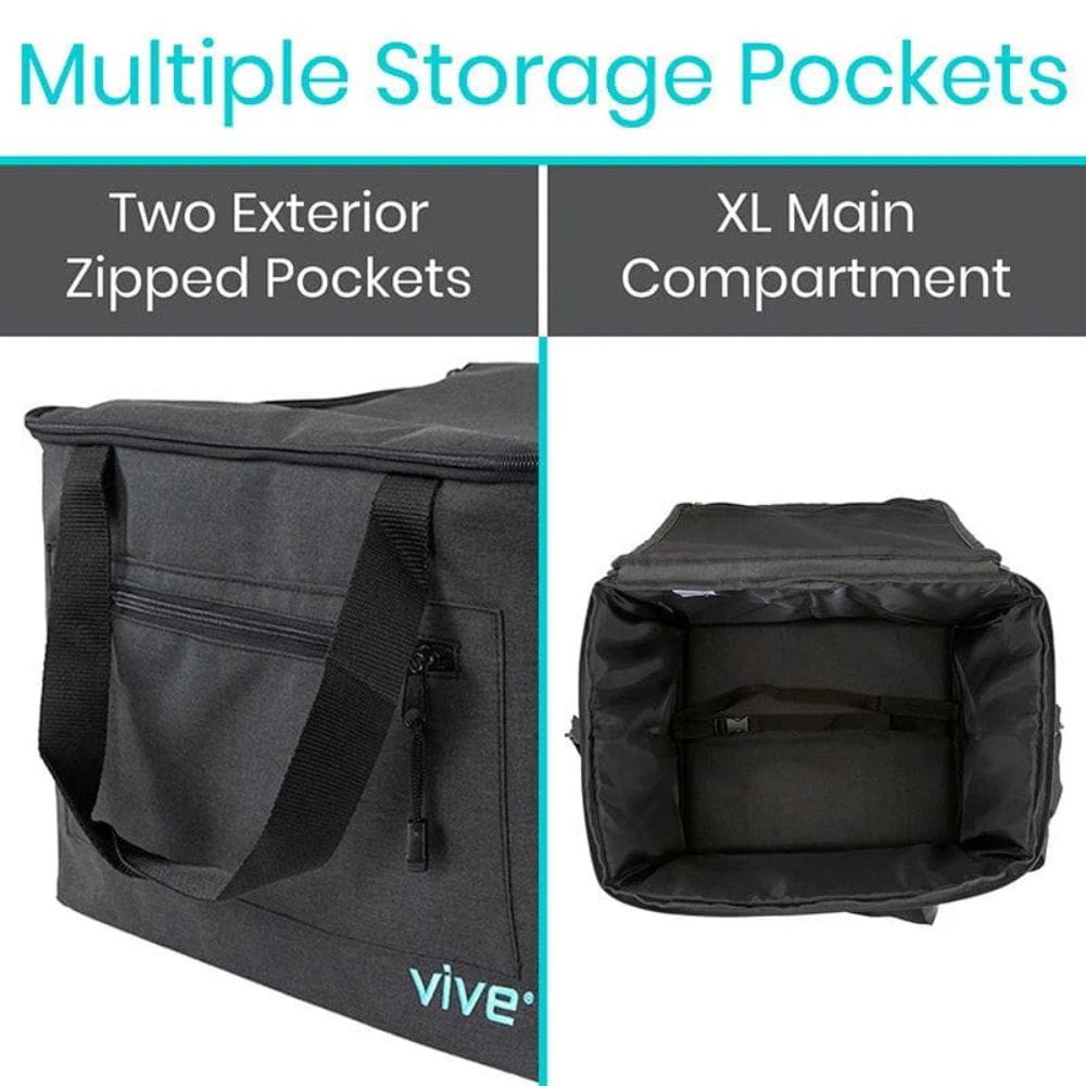 Black bag with multiple storage pockets labeled 'Vive' on a white background