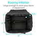 Black backpack with dimensions labeled on a white background