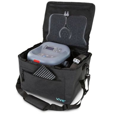 Black carrying bag with a medical device labeled 'Vive' on a white background