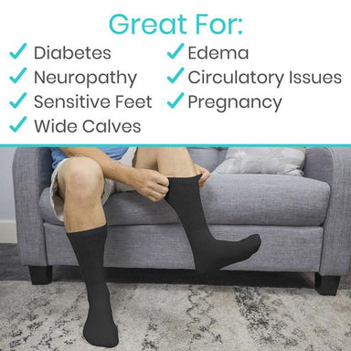 Person wearing black compression socks with a list of conditions they are beneficial for on a white background.
