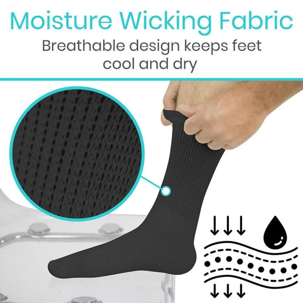 Black sock with moisture wicking fabric feature and hand holding it, on a white background.