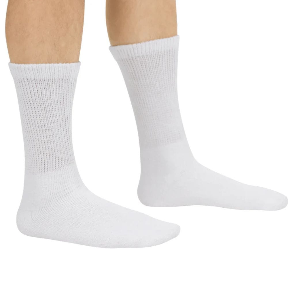 White socks worn on a white background
