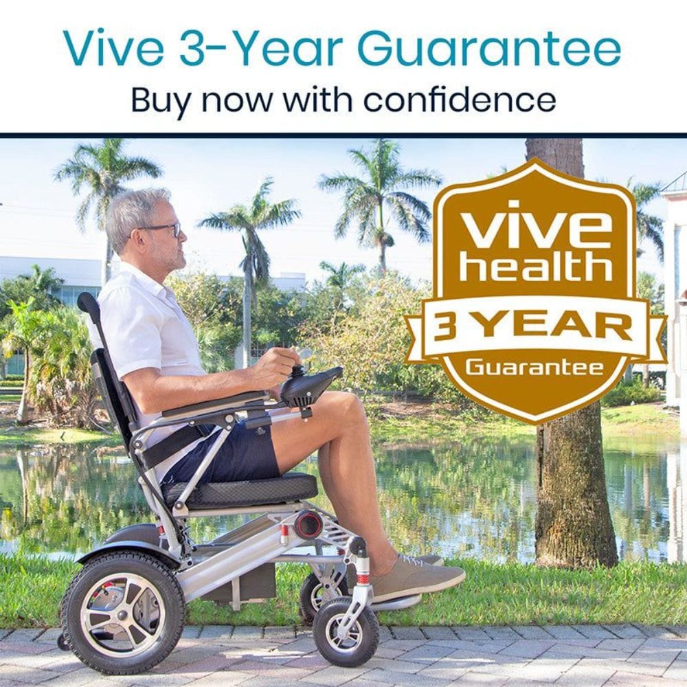 Man using a mobility scooter with 'Vive Health' branding and 3-year guarantee offer.