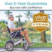 Man using a mobility scooter with 'Vive Health' branding and 3-year guarantee offer.