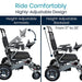 Electric wheelchair with height-adjustable armrests and backseat, emphasizing comfort and customization.