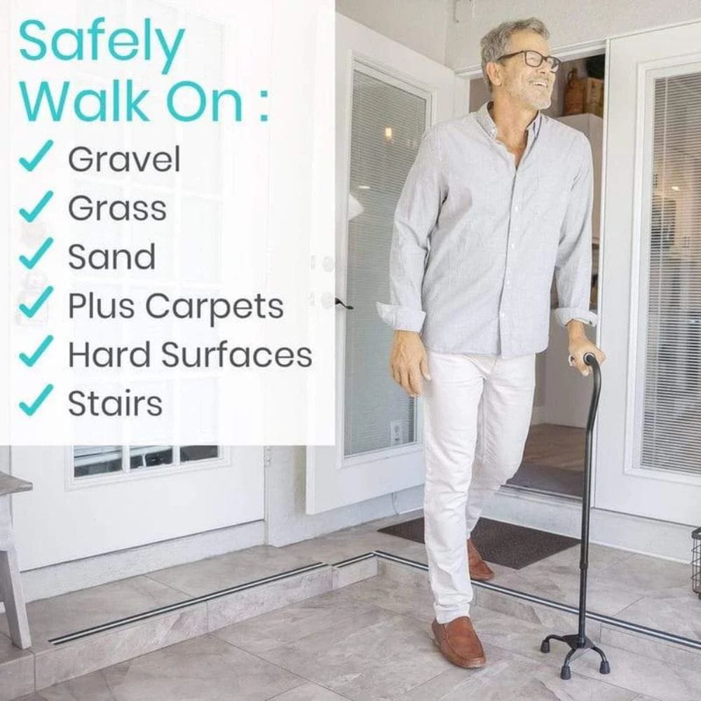 Man using a walking stick with text about safe surfaces to walk on.