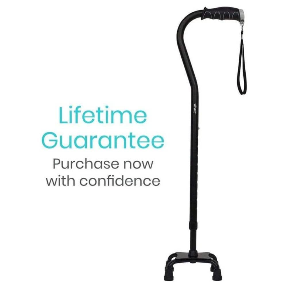 Black walking cane with a lifetime guarantee text on a white background