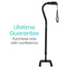 Black walking cane with a lifetime guarantee text on a white background