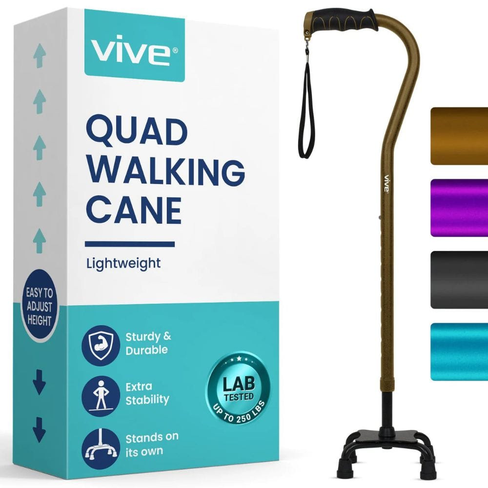 Vive Quad Walking Cane with packaging on a white background