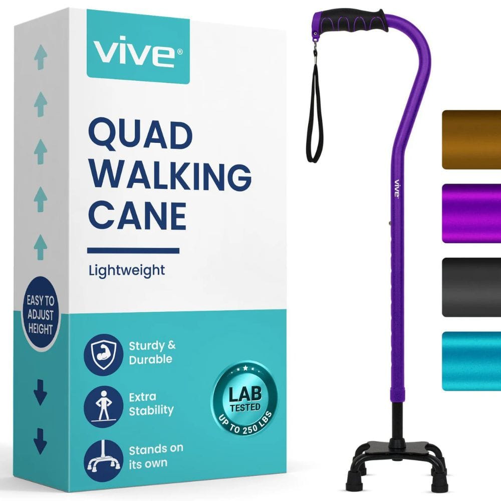 Purple walking cane with Vive branding next to its packaging