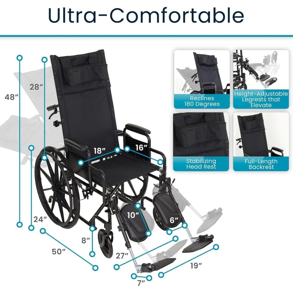 Black wheelchair with measurements and features highlighted on a white background
