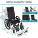 Black wheelchair with measurements and features highlighted on a white background