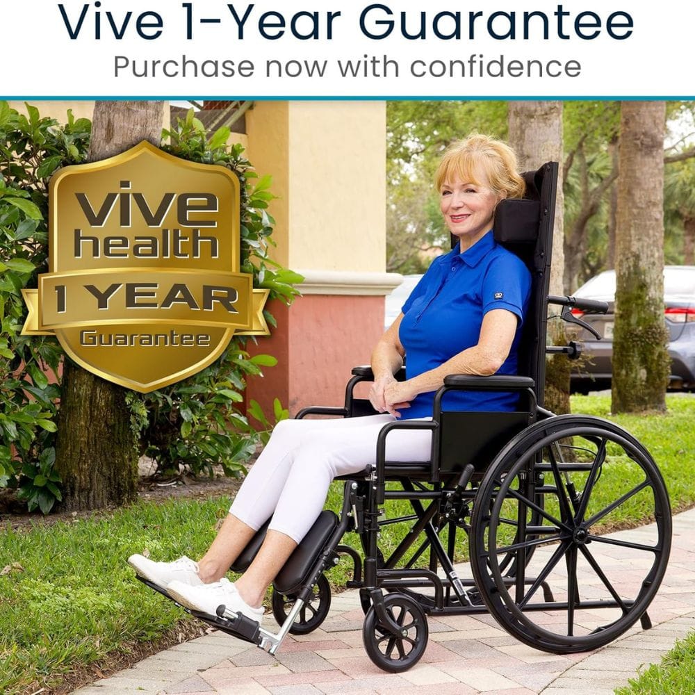 Woman in a wheelchair outdoors with 'Vive Health' 1-year guarantee badge.