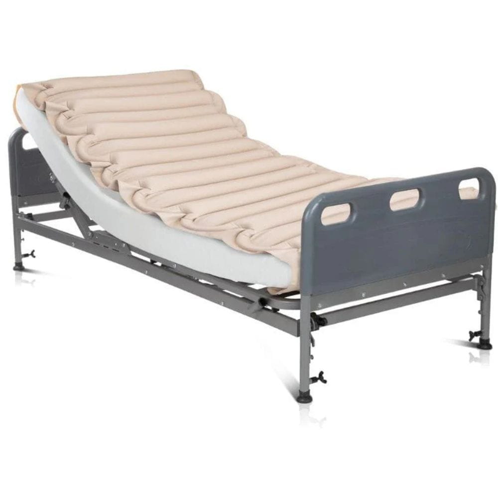 Hospital bed with beige mattress on a white background