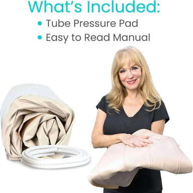 Woman holding a tube pressure pad with text listing included items on a white background