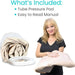 Woman holding a tube pressure pad with text listing included items on a white background
