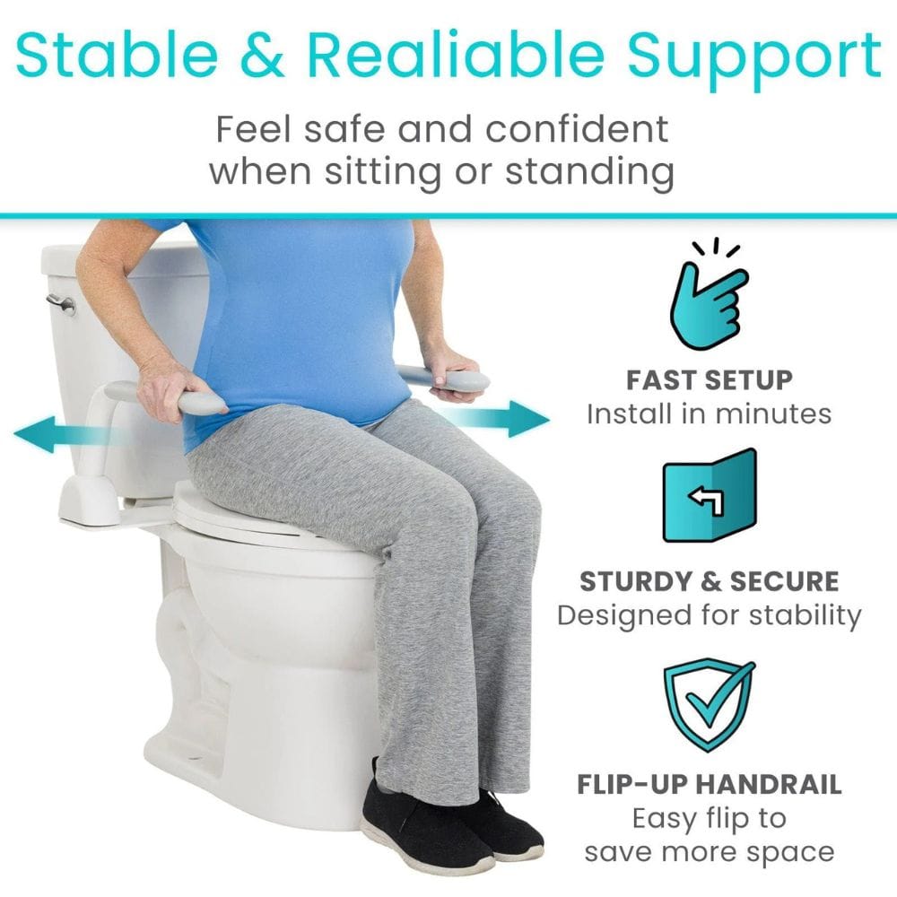 Person using a toilet seat cover with text highlighting features like stability, setup speed, and handrail.