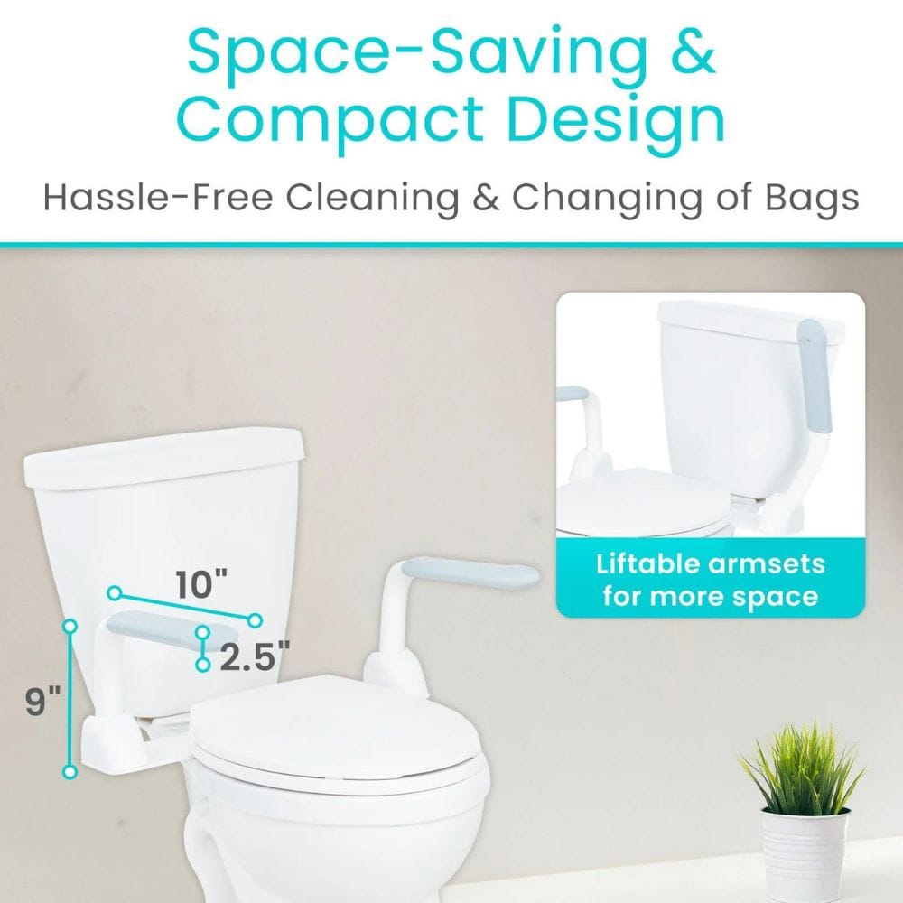 White toilet with space-saving design features and text highlighting compactness and ease of use.