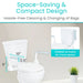White toilet with space-saving design features and text highlighting compactness and ease of use.