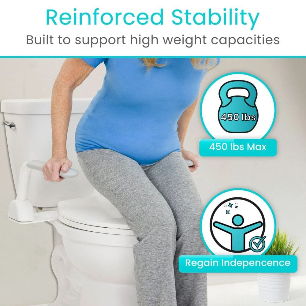 Person using a toilet seat support with text about reinforced stability and weight capacity.