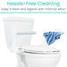 White toilet with a blue cleaning cloth on a white background, emphasizing hassle-free cleaning.