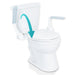 White toilet with a blue arrow pointing to the seat cover on a white background