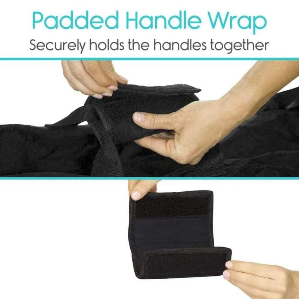 Padded handle wrap being used to secure handles together with text indicating its function.