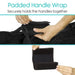 Padded handle wrap being used to secure handles together with text indicating its function.