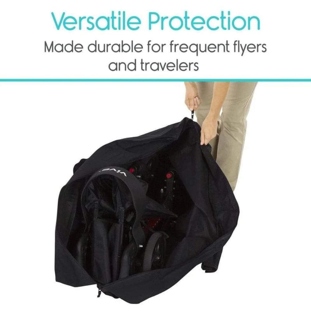 Black travel bag for a stroller with text 'Versatile Protection Made durable for frequent flyers and travelers' on a white background.