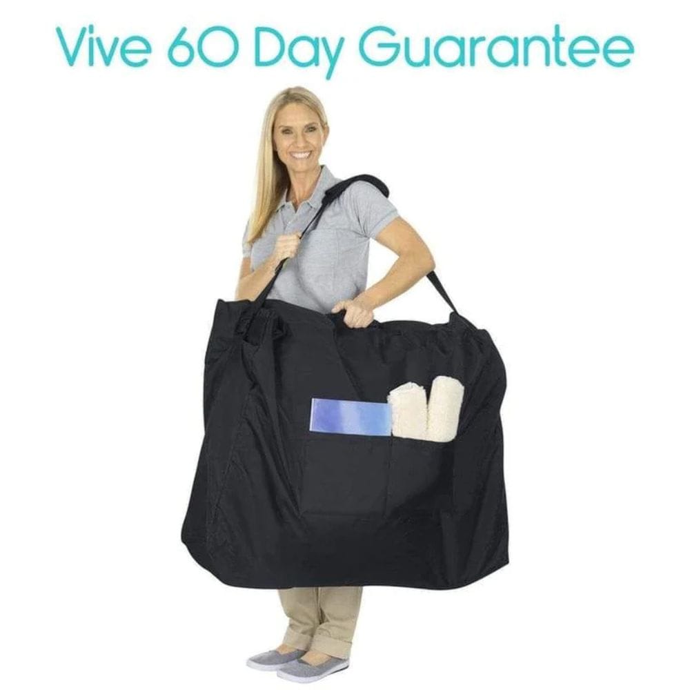 Person holding a large black bag with a 'Vive 60 Day Guarantee' text above.