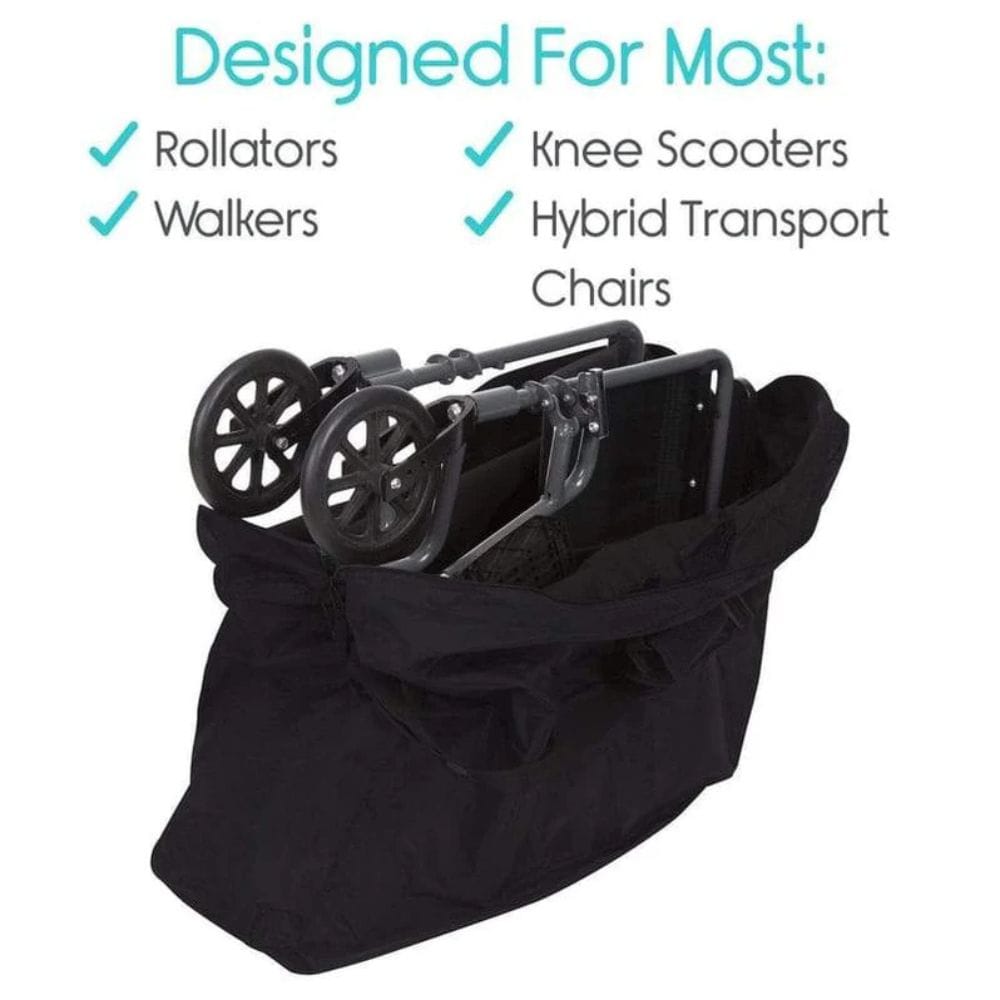 Black bag with rollators, knee scooters, and walkers inside, on a white background.