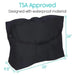 Black travel bag with dimensions and 'TSA Approved' text on a white background