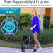 Woman pushing a walker with text about a pre-assembled frame and product weight.