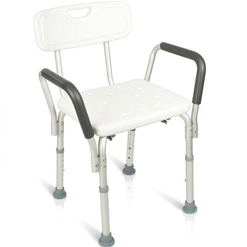 White shower chair with gray arms and legs on a white background