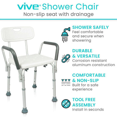 Vive Shower Chair with features listed on a white background