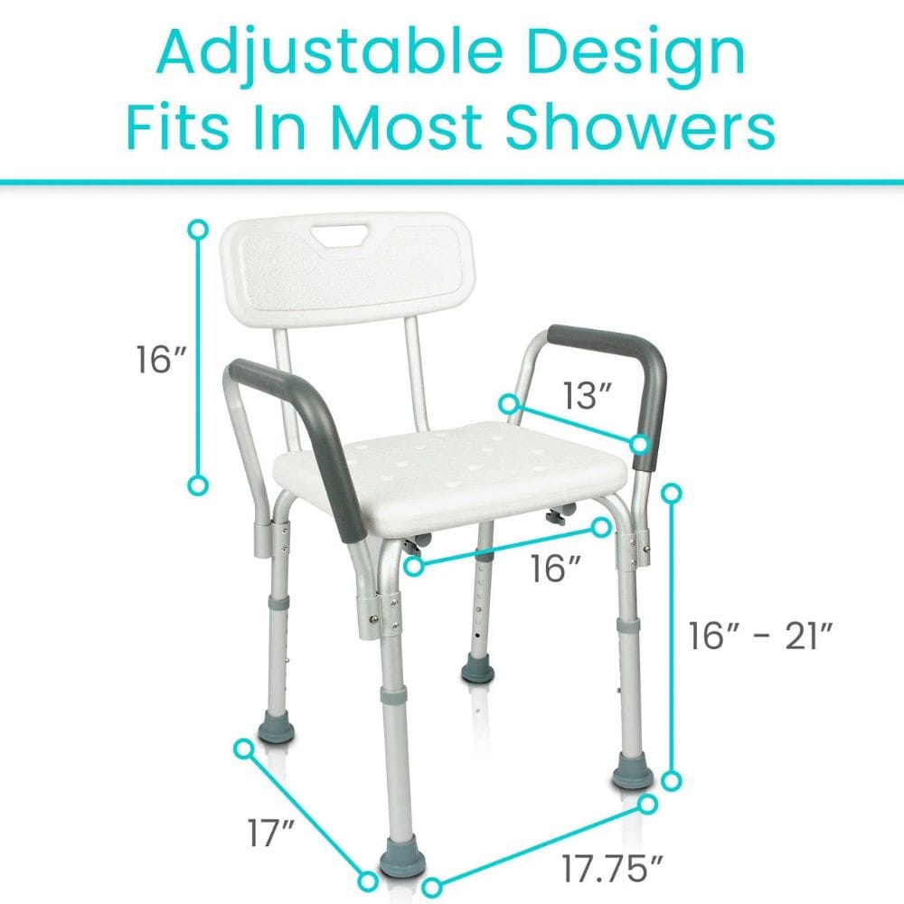 Shower chair with adjustable dimensions on a white background