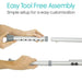 Two hands holding a customizable tool with text about easy tool-free assembly.