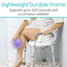 Person using a shower chair with text about its durability and weight capacity.