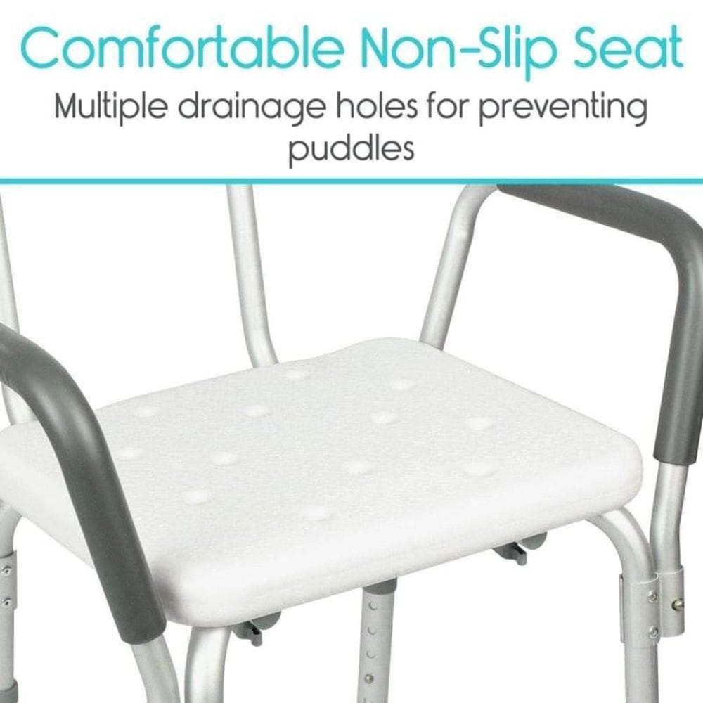 White shower chair with gray armrests and text about a comfortable non-slip seat and drainage holes.