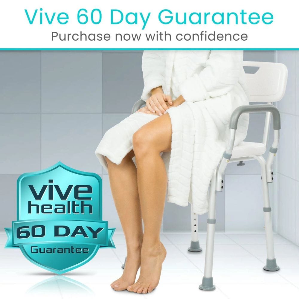 Person sitting on a shower chair with 'Vive Health' branding and 60-day guarantee offer.