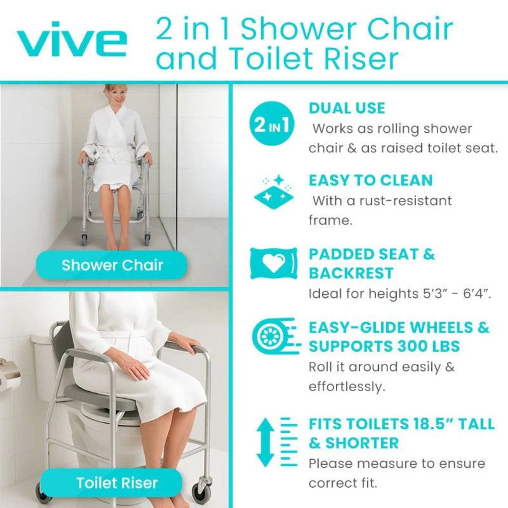 Vive 2-in-1 Shower Chair and Toilet Riser with features listed on a white background