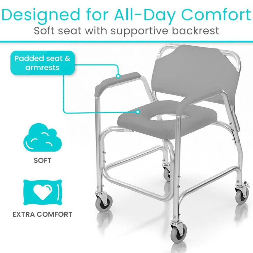 Shower chair with text highlighting features like 'Padded seat & armrests', 'Soft seat', and 'Supportive backrest'.