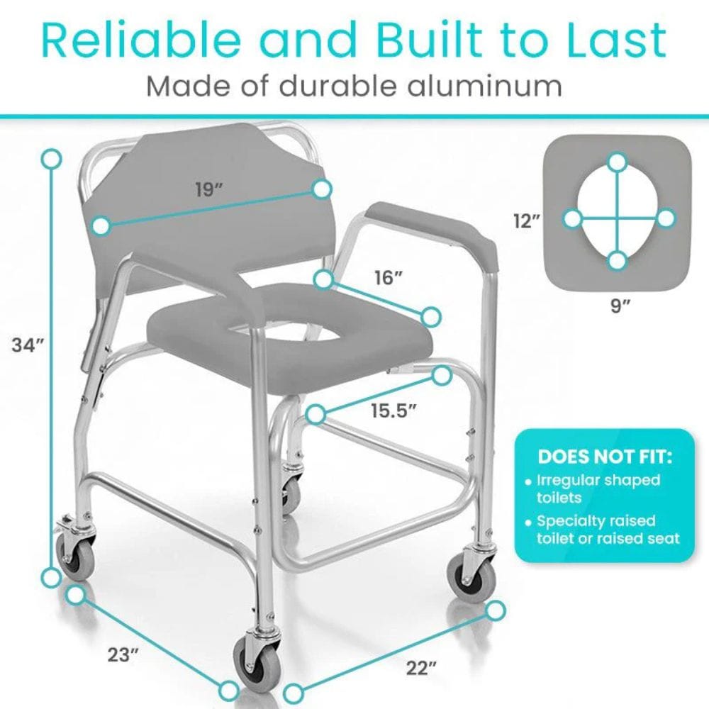 Gray shower chair with measurements and durability text on a white background