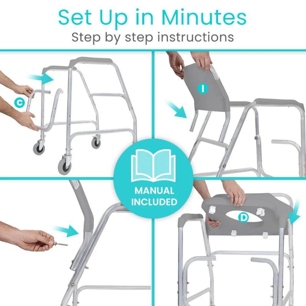 Step-by-step guide on setting up a walker with manual included, featuring hands assembling the walker.