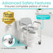 Vive Health commode chair with safety features highlighted on a white background