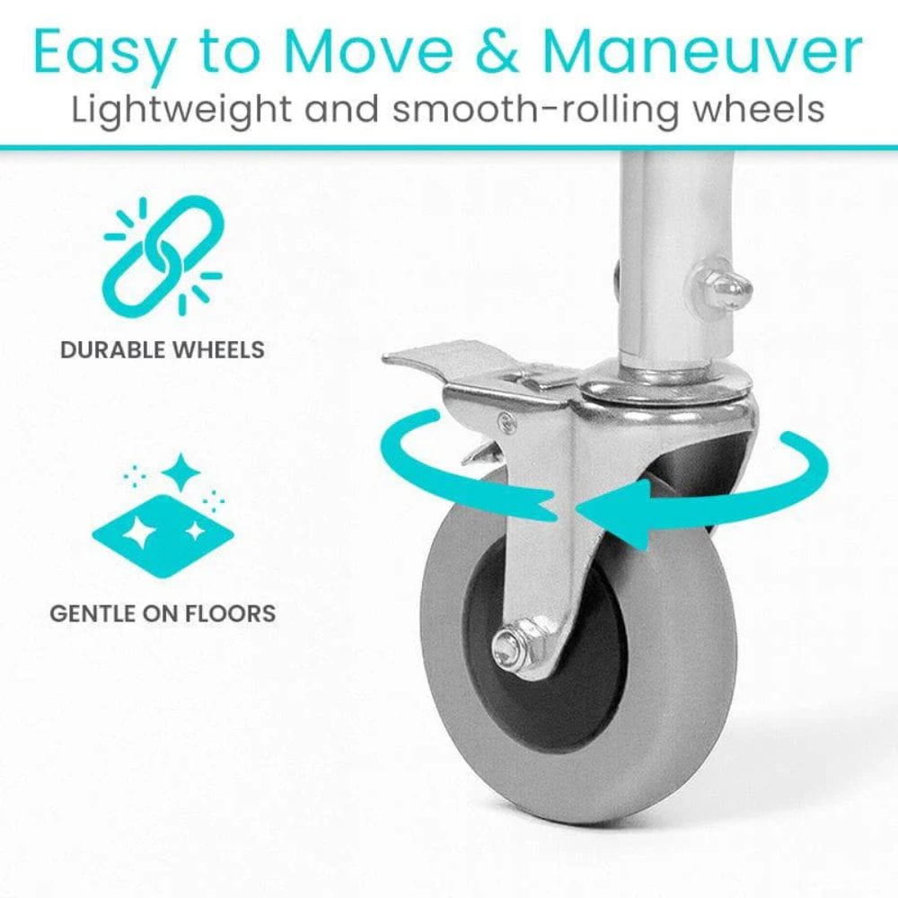 Wheel with text highlighting ease of movement and durability on a white background