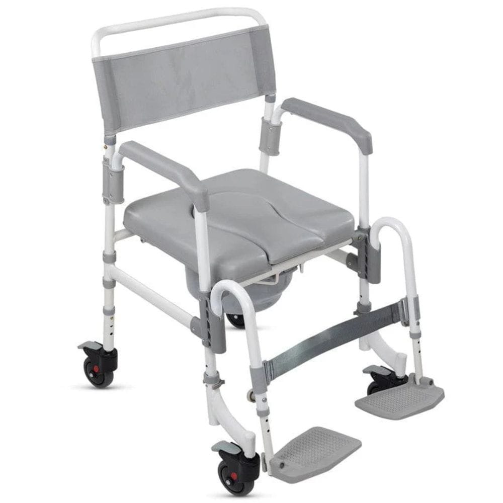 Gray and white commode chair with wheels on a white background