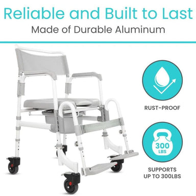 Shower chair with wheels on a white background, featuring durability and weight capacity information.
